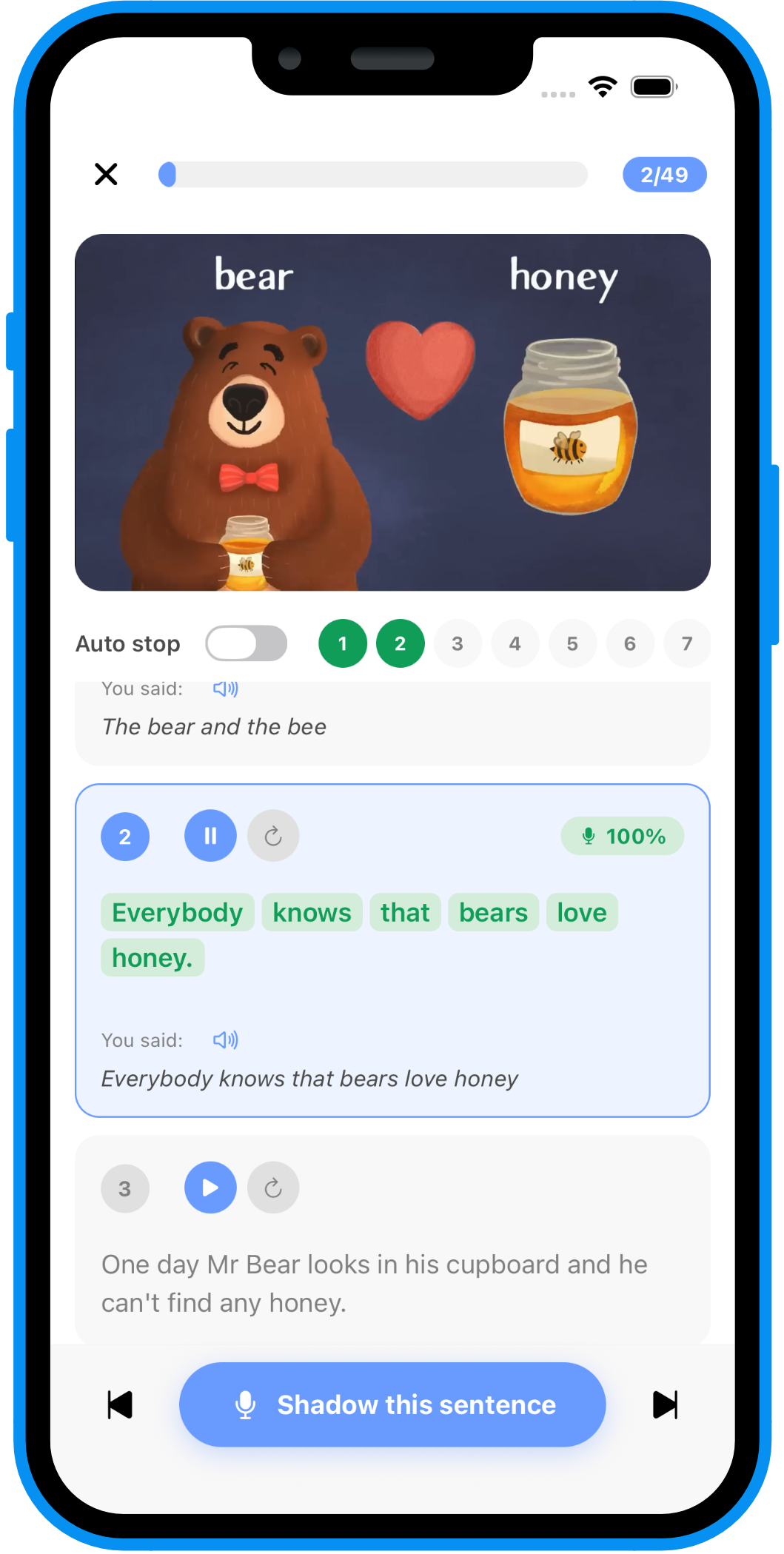 Catlangu Shadowing screen — sentence-by-sentence pronunciation feedback