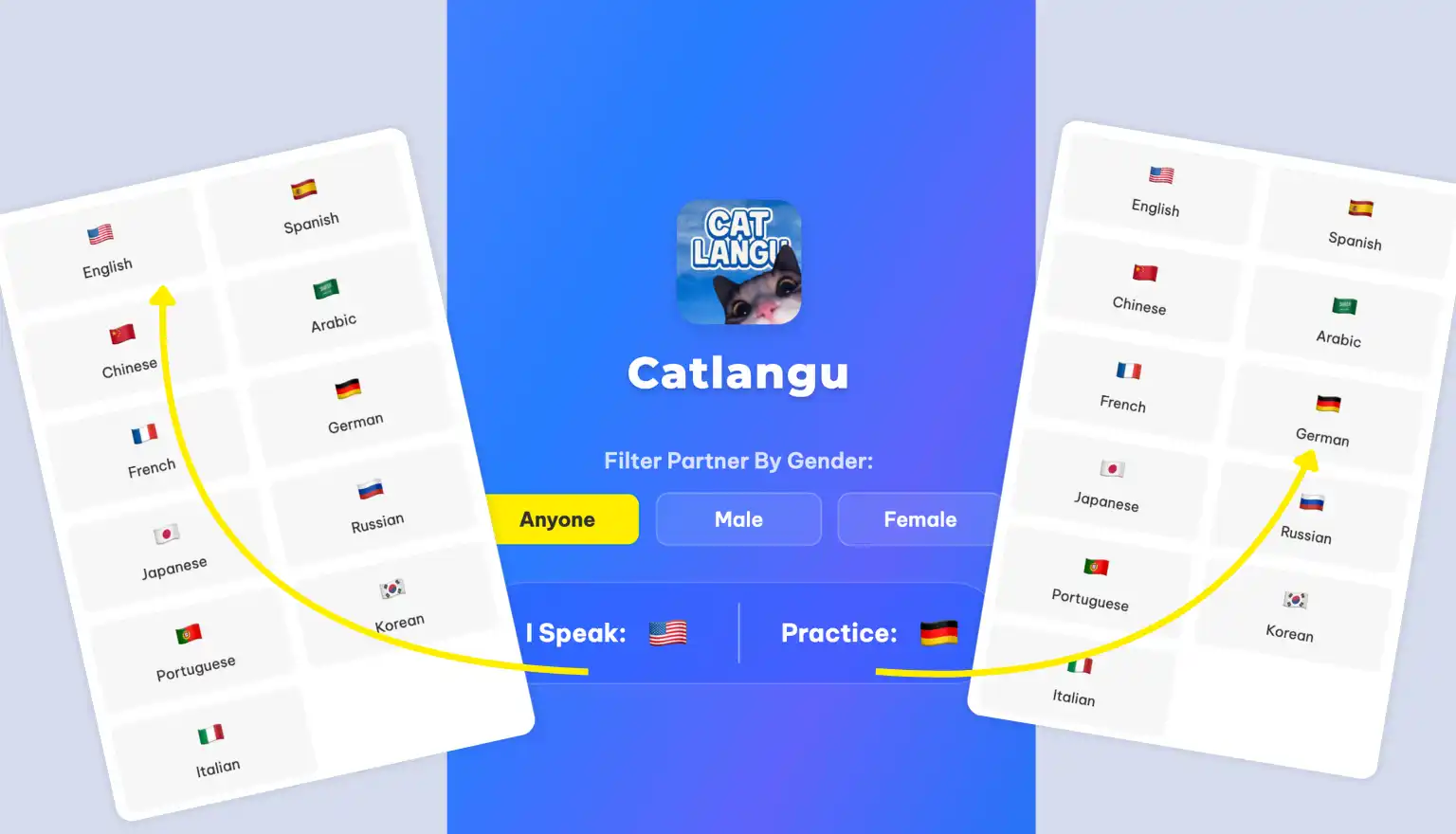 Language selection interface on Catlangu